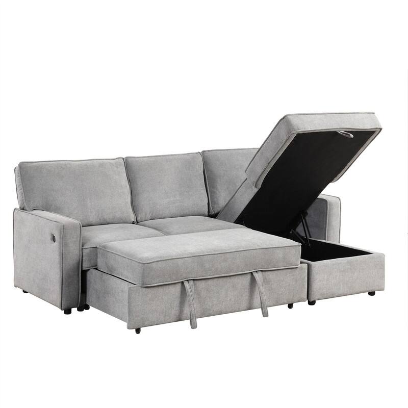 Upholstery Sleeper Sectional Sofa with Storage and 2 Cup Holder, Modern Corner Sectional with Pull-Out Sleeper and USB port