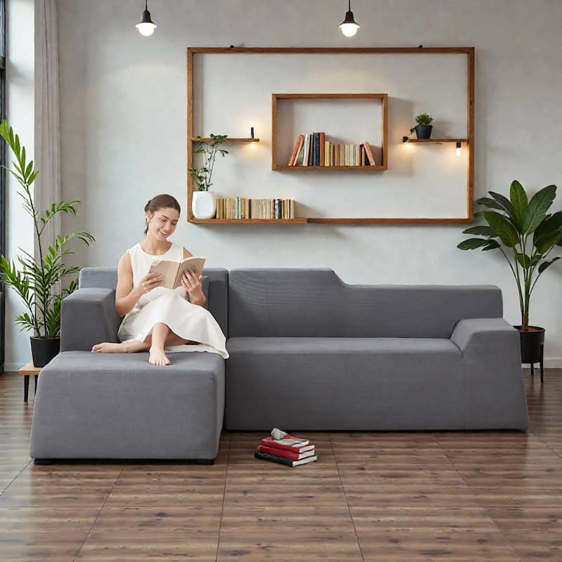 Modern Minimalist L Shaped Corduroy Sofa, High Back Sectional Couch for Living Room