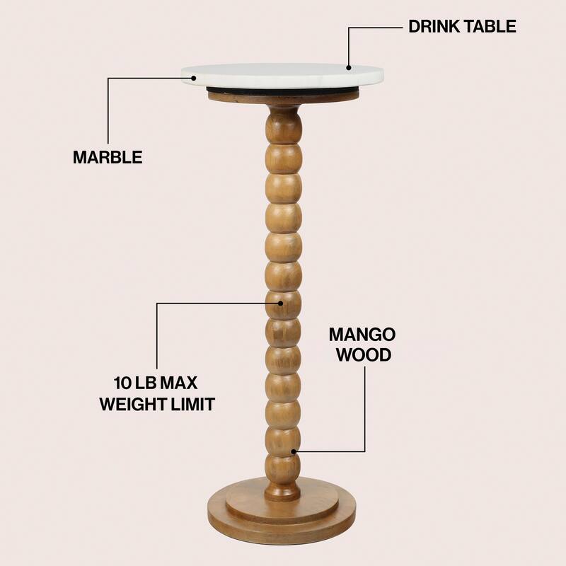 Monroe 24.25″ Farmhouse Spindle Wood Drink & End Table w/ White Marble Top, By JONATHAN Y