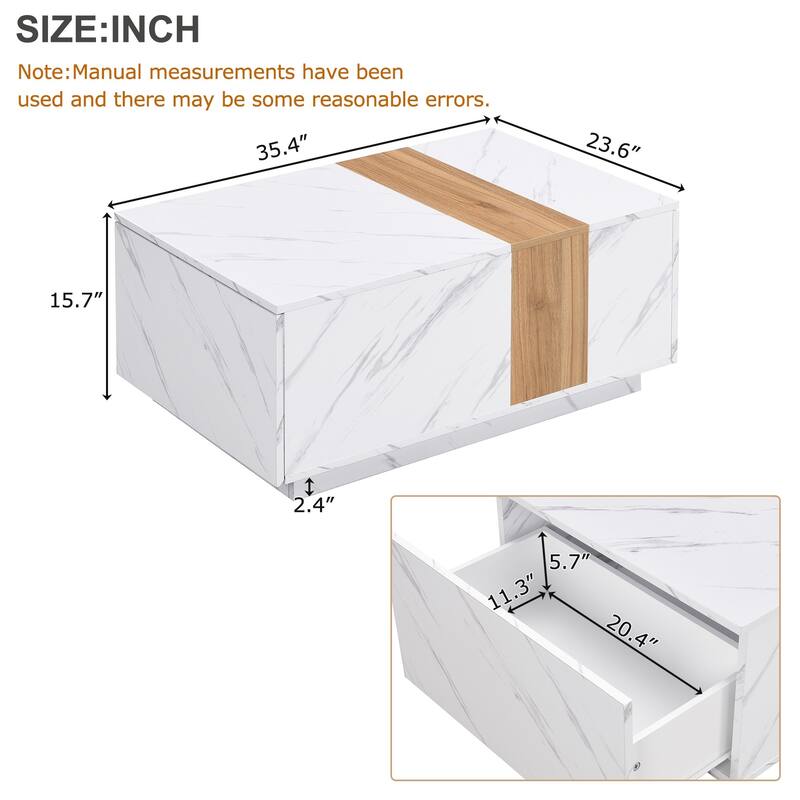 Modern 35.4 x 23.6 Inch Two-tone Coffee Table with Faux Marble and Walnut Wood Grain Finish