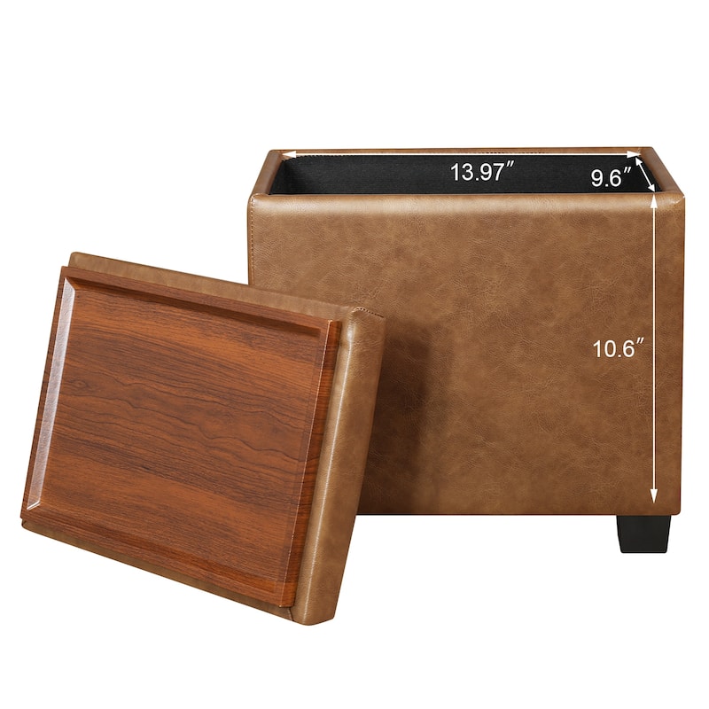 Adeco 16" W Upholstered Rectangle Storage Ottoman with Tray and Pocket