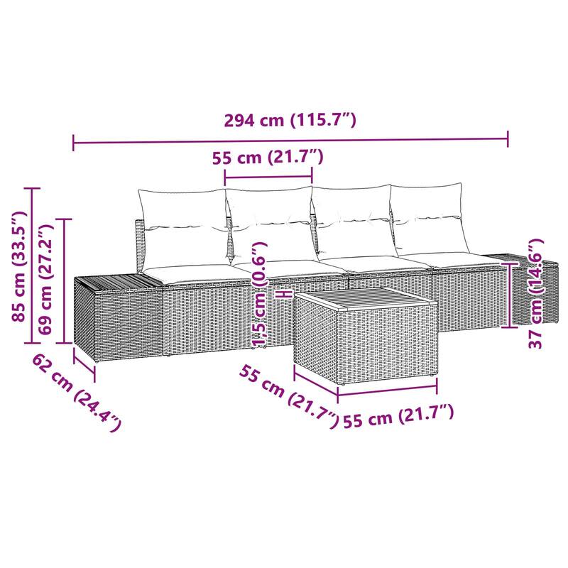 vidaXL 5 Garden Sofa Set with Cushions Black/Grey Poly Rattan - 115.7 x 24.4 x 27.2