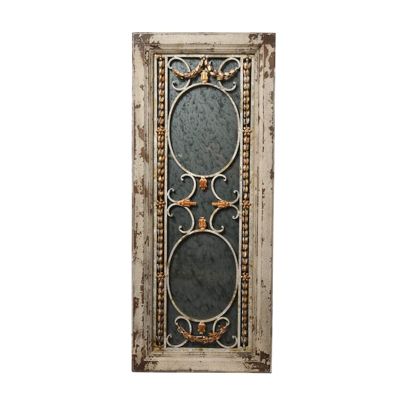 Wood Framed Wall Mirror with Metal Accents and Heavily Distressed Finish, Silver