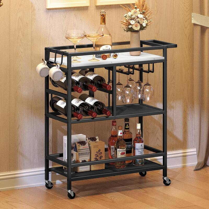 3-Tier Home Bar Serving Cart with Handle, Wine Rack, and Glass Holders