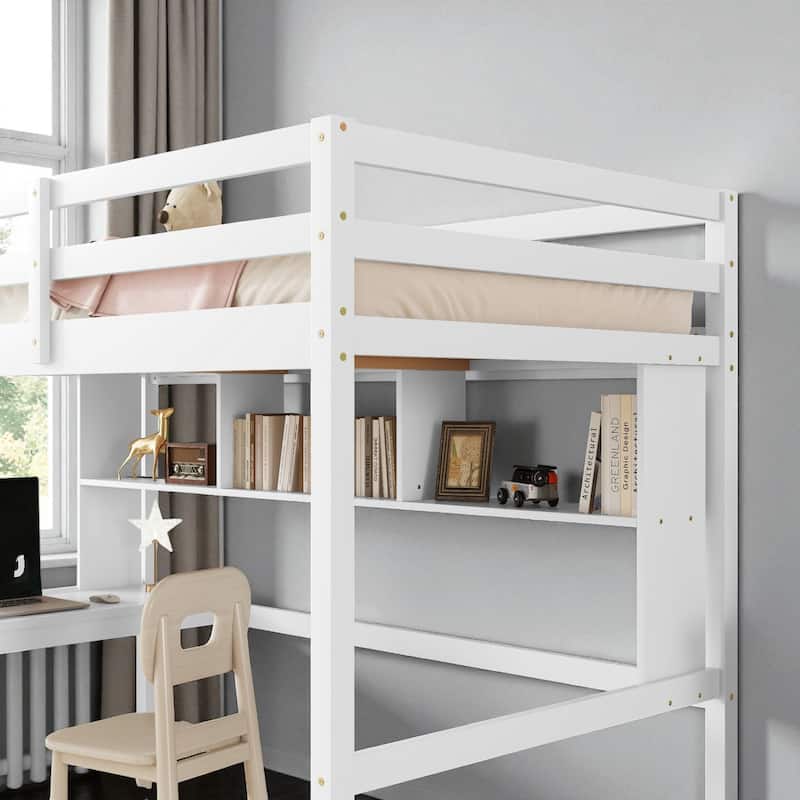 Twin Size Loft Bed with Desk and Shelves, Solid Pine Wood Frame with Guardrails and Built-in Ladder