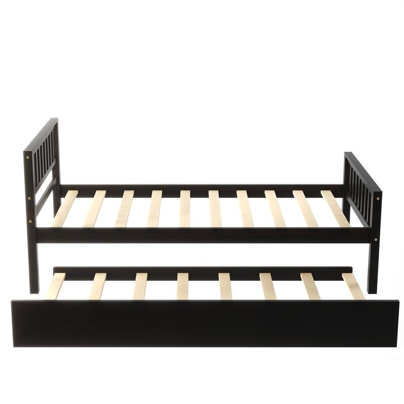 Espresso Pine Twin Bed with Trundle, Platform Frame, Headboard, Footboard