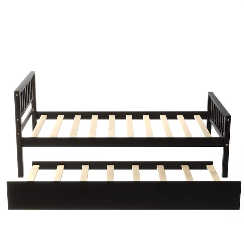 Twin Bed with Trundle, Platform Bed Frame with Headboard and Footboard for Bedroom Small Living Space, No Box Spring Needed