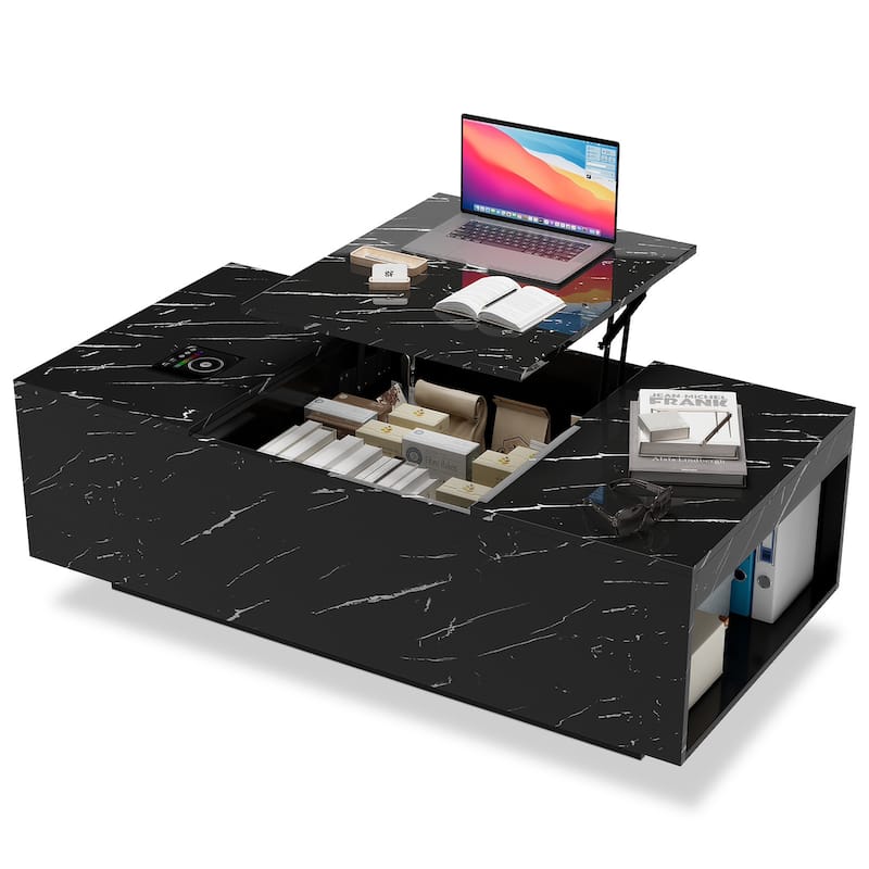 Meyreso Lift-Top Smart Marble Coffee Table with LED Light and Hidden Storage