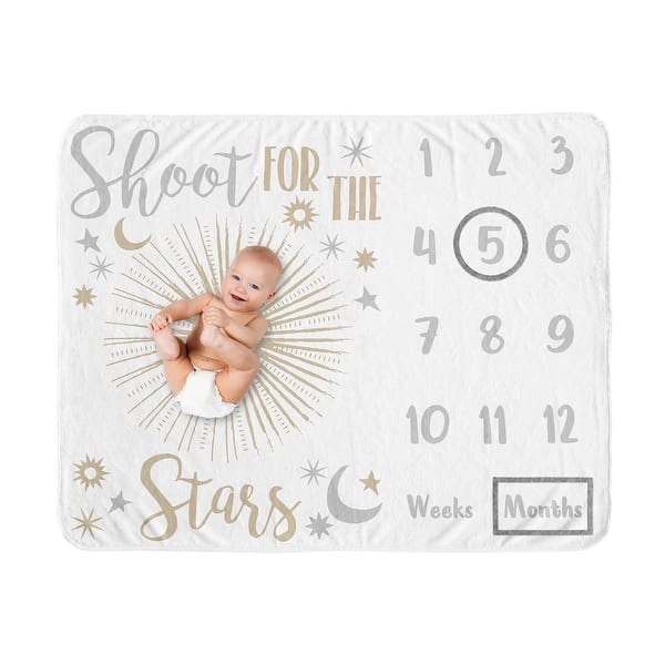 slide 2 of 6, Star and Moon Collection Girl Baby Monthly Milestone Blanket - Gold and Grey Celestial Shoot for the Stars Space