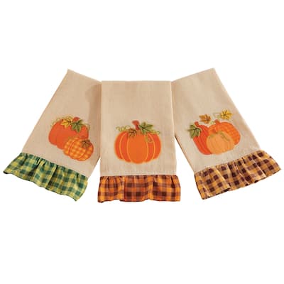 Seasonal Fall Pumpkins Hand Towels with Plaid Ruffles - Set of 3 - 5.500 x 5.500 x 1.250