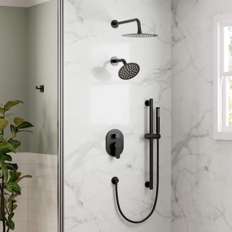 GRANDJOY Dual Heads Shower System 10" and 6" Wall Mount Rainfall Round Shower Faucet Handheld Shower Spray with Slide Bar