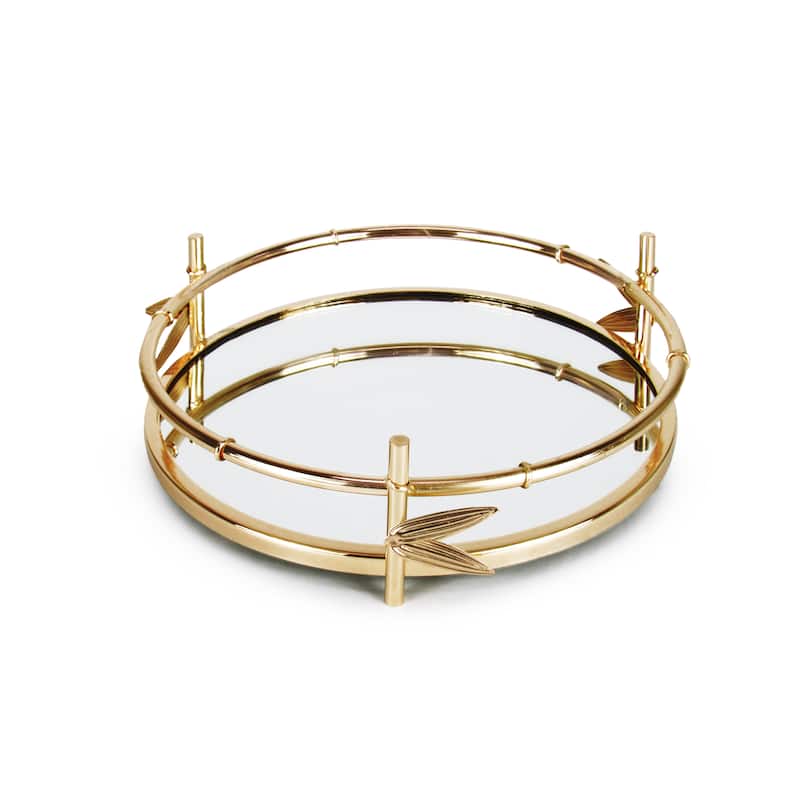 Gold Bamboo Style Round Metal Mirror Decorative Tray Serving Platter