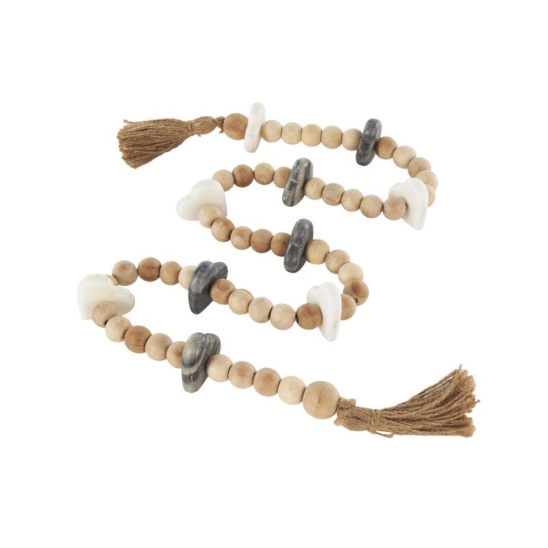 Brown Mango Wood Handmade Round Double Layered Long Carved Beaded Garland with Tassel with Black and Cream Accents