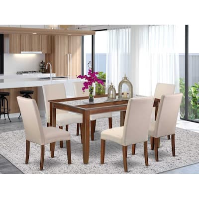 HomeStock 7-Piece Rectangle Mahogany Finish Solid Wood Top Dining Table with 6 Parson Chairs with Lattice Back