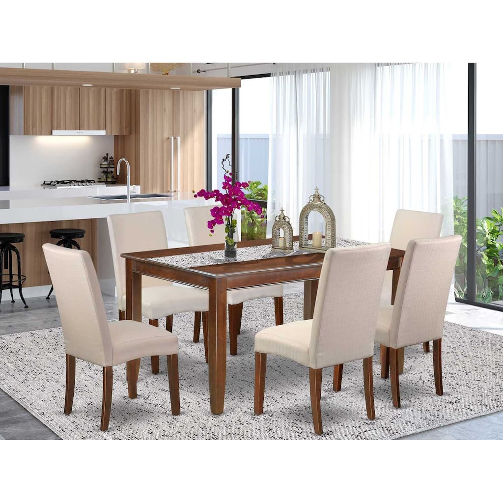 HomeStock 7-Piece Rectangle Mahogany Finish Solid Wood Top Dining Table with 6 Parson Chairs with Lattice Back