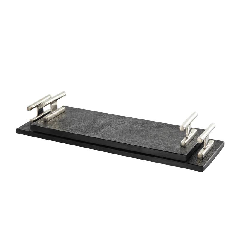 Marble Textured Living Room Decor Tray with Rod Handles - Set of 2 Black - Roche River Decor