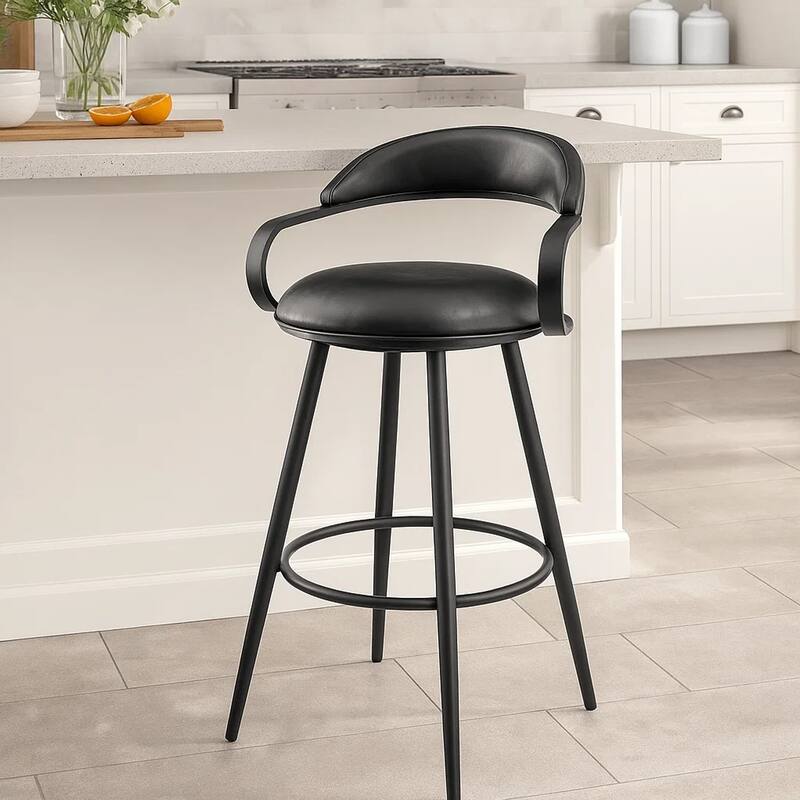 Gargy Swivel Barstool Chair, Floating Back, Iron, Black Faux Leather