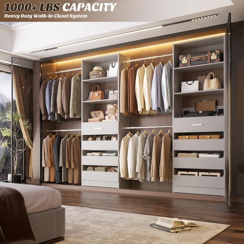 Modular Closet System Wardrobe Organizer 4 Adjustable Hanging Rods + 4 Wooden Drawers, Space-Saving for 4-9Ft Closets