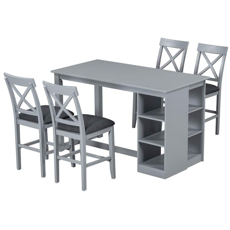 Rustic Bar-Height Solid Wood Dining Ensemble – 5-Piece Set with Triple-Storage Shelves & Cushioned Seating for Four. - Grey