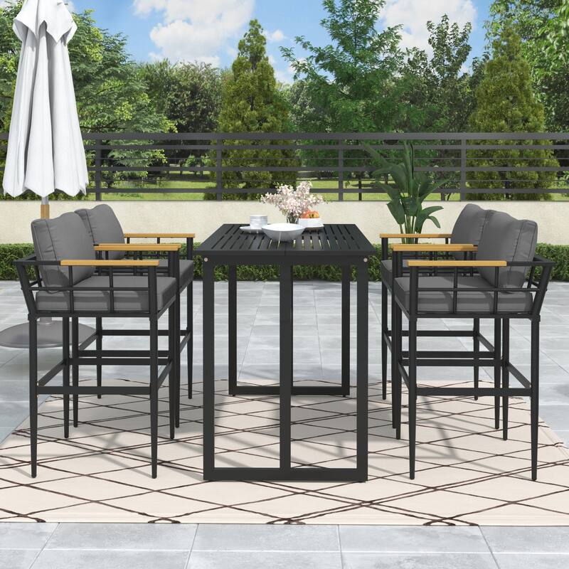 Iron Outdoor Dining Set with Acacia Wood Armrest