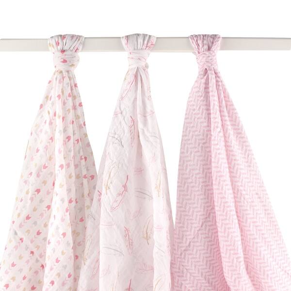 slide 1 of 1, Hudson Baby Infant Girl Cotton Muslin Swaddle Blankets, Pink Feather, One Size - Pink Feather - 3-Pack 3-Pack - Pink Feather