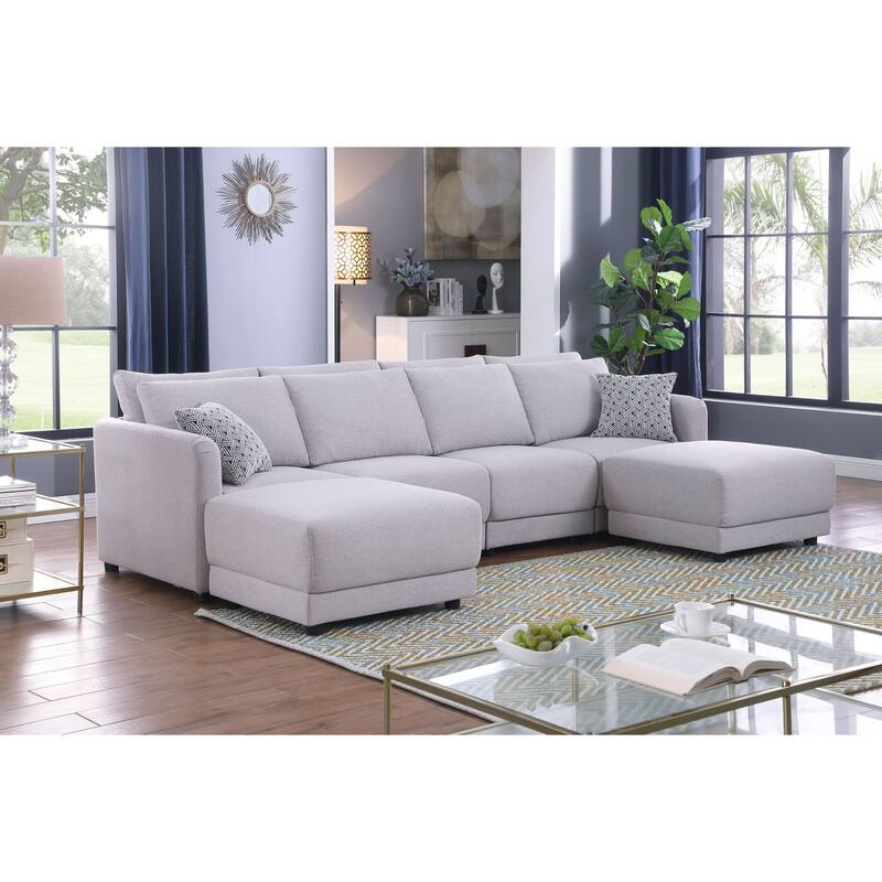 Linen Upholstered 4-Seater Sofa with 2 Ottomans in Light Gray - Light Gray/Black