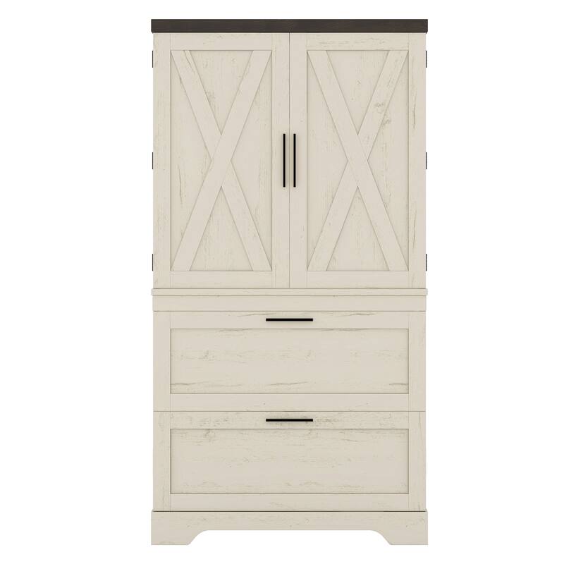 Modern Farmhouse Style Wooden Storage Cabinet with Inside Door Storage Divider, Kitchen Pantry with 2 Drawers