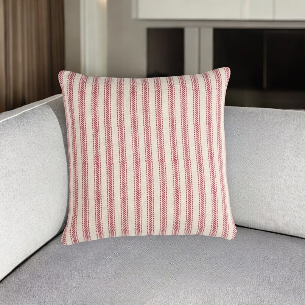 HomeRoots 20" Red and Natural Ticking Stripe Cotton Throw Pillow