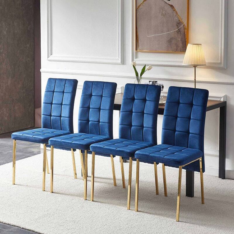 Mid-Century Modern 5 Piece Dining Table Set, 47.24'' Rectangular MDF Dining Table with 4 Velvet Upholstered Dining Chairs - 4 x Chairs - Dark Blue + Gold Legs
