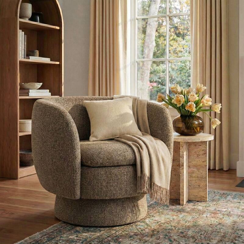 Upholstered 360 Swivel Barrel Accent Armchair - Brown