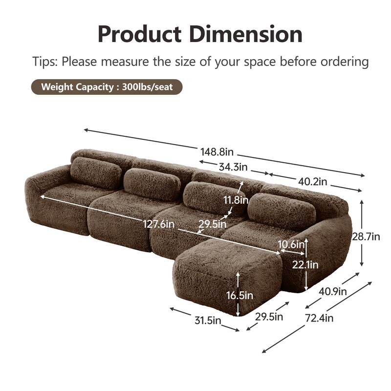 148.8 Inch Modular Couch with Ottoman, Comfy Couches, L Shaped 4 Seat Sofa, Modern Sectional Couches for Living Room