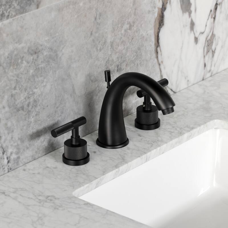 Kingston Brass Convergent Two-Handle 3-Hole Deck Mount Widespread Bathroom Faucet with Knurled Handle and Brass Pop-Up Drain
