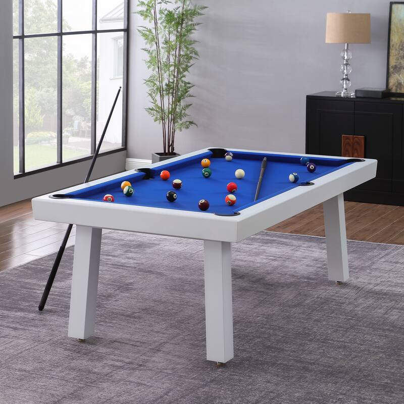 Newport Outdoor Patio 7ft Slate Pool Table 6-Seater Dining Set with 4 Benches & Accessories, White Finish