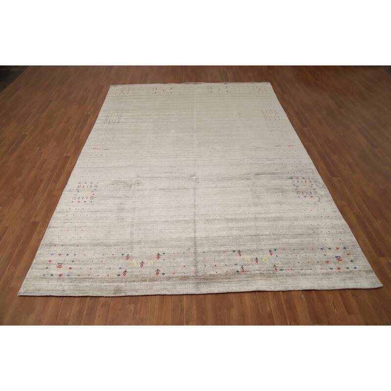 Hand Knotted Oriental Viscose Silk Carpet Tribal Animal Pictorial Beige & Ivories Gabbeh Area Rug - 12' 1'' X 8' 3''