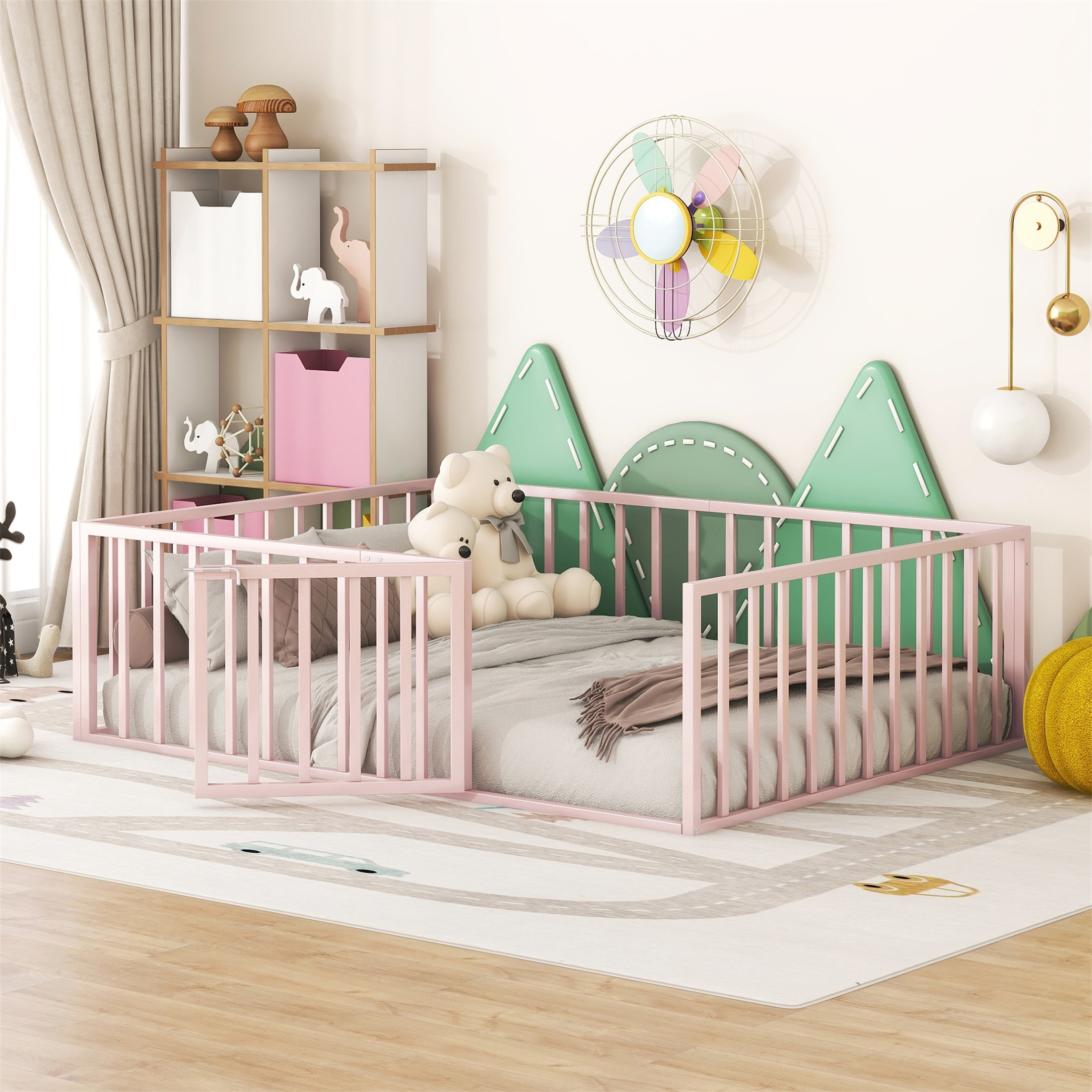 Full Size Metal Floor Bed Frame with Fence and Door Bed Bath