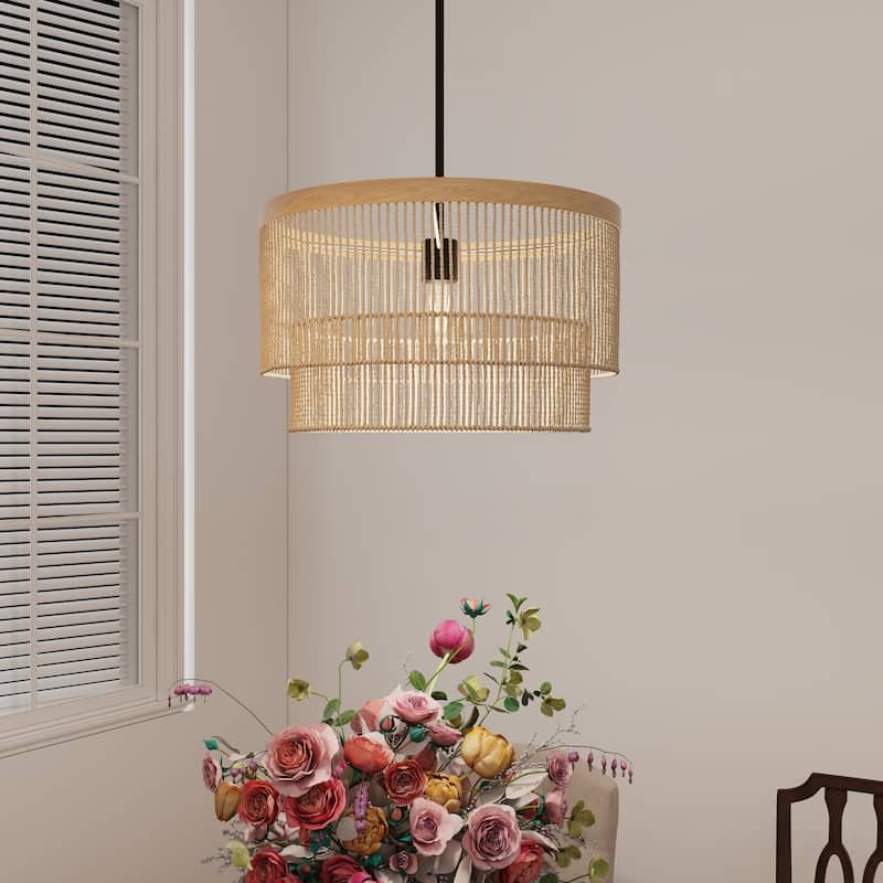 1-Light Rattan Tiered Drum Chandelier Light