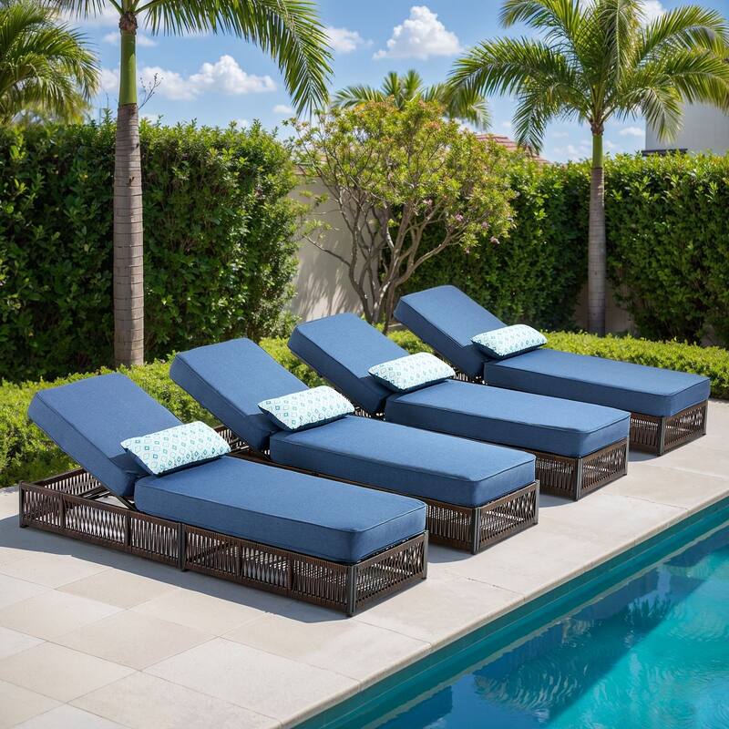 Gymojoy Outdoor Patio Chaise Lounge Chair, Luxury Rattan Recliner with 6-Position Backrest & 5-Inch Thick Cushions Set of 4 - Blue