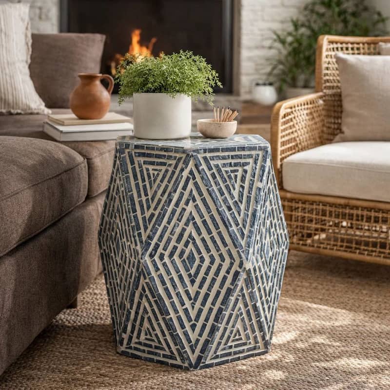 18 Inch Accent Table Stool, Hexagonal Design, Diamond Pattern, Blue, White