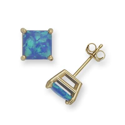 14k Yellow Gold 6mm Reconstructed Opal Square Princess Earrings