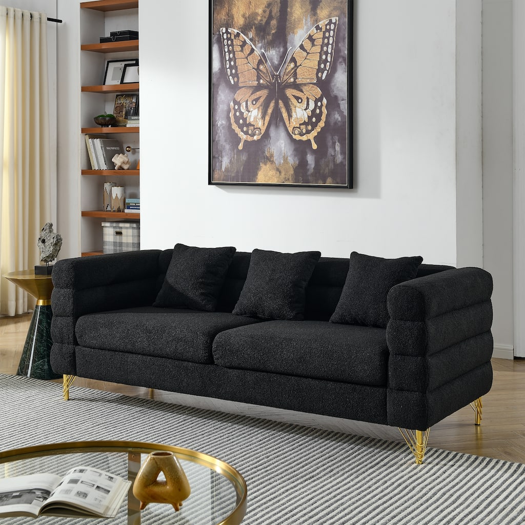 Anmytek Oversized 81 Inch Black Teddy Fabric Sectional Sofa with Deep Seating and 3 Pillows