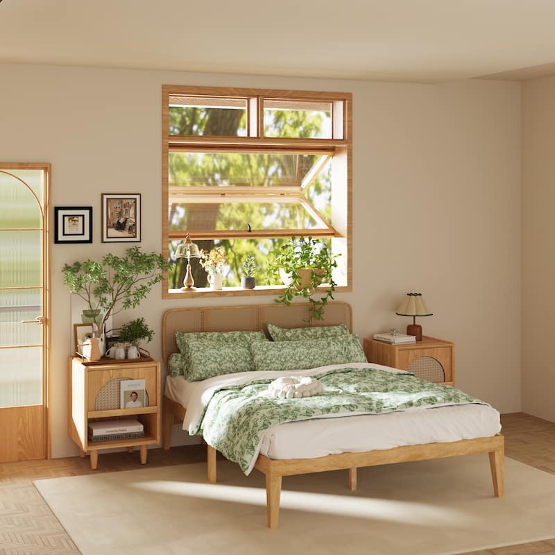 Solid Wood Platform Bed Frame with Rattan Headboard, 600 lbs Heavy Duty Support, Plywood Slats Queen / Full Size
