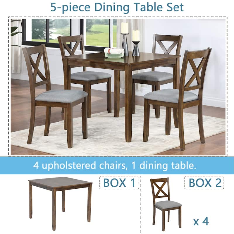 GDFStudio - Dunmore 5-Piece Farmhouse Wooden Square Dining Table Set with 4 Wooden Upholstered Dining Chairs
