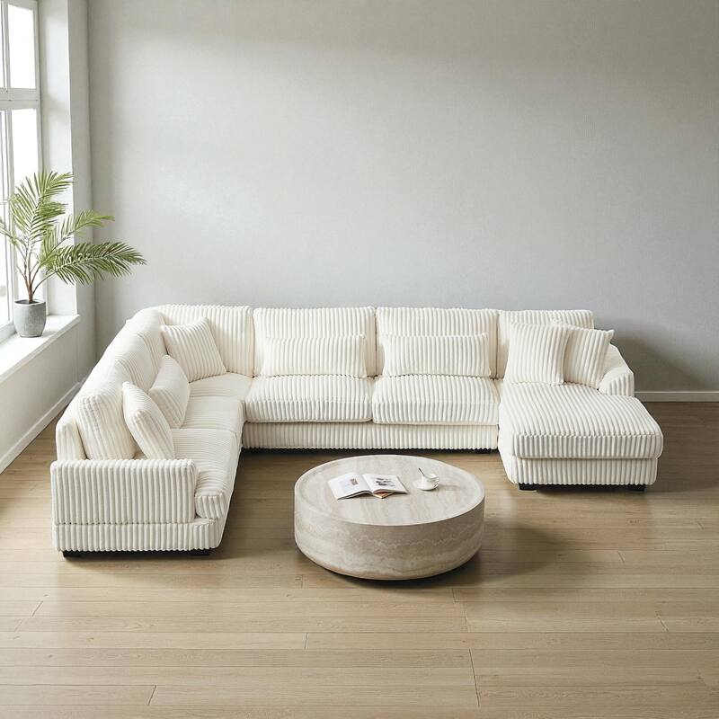 129" Oversized U-Shaped Sectional Sofa with Chaise Lounge, Soft Corduroy Upholstery and Pillows for Living Room