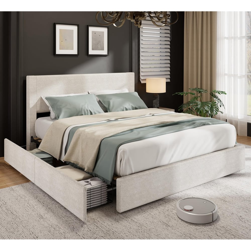 Full/Queen/King Size Bed Frame with Tufted Wingback Headboard, Platform Corduroy Upholstered Bed Frame with 4 Drawers