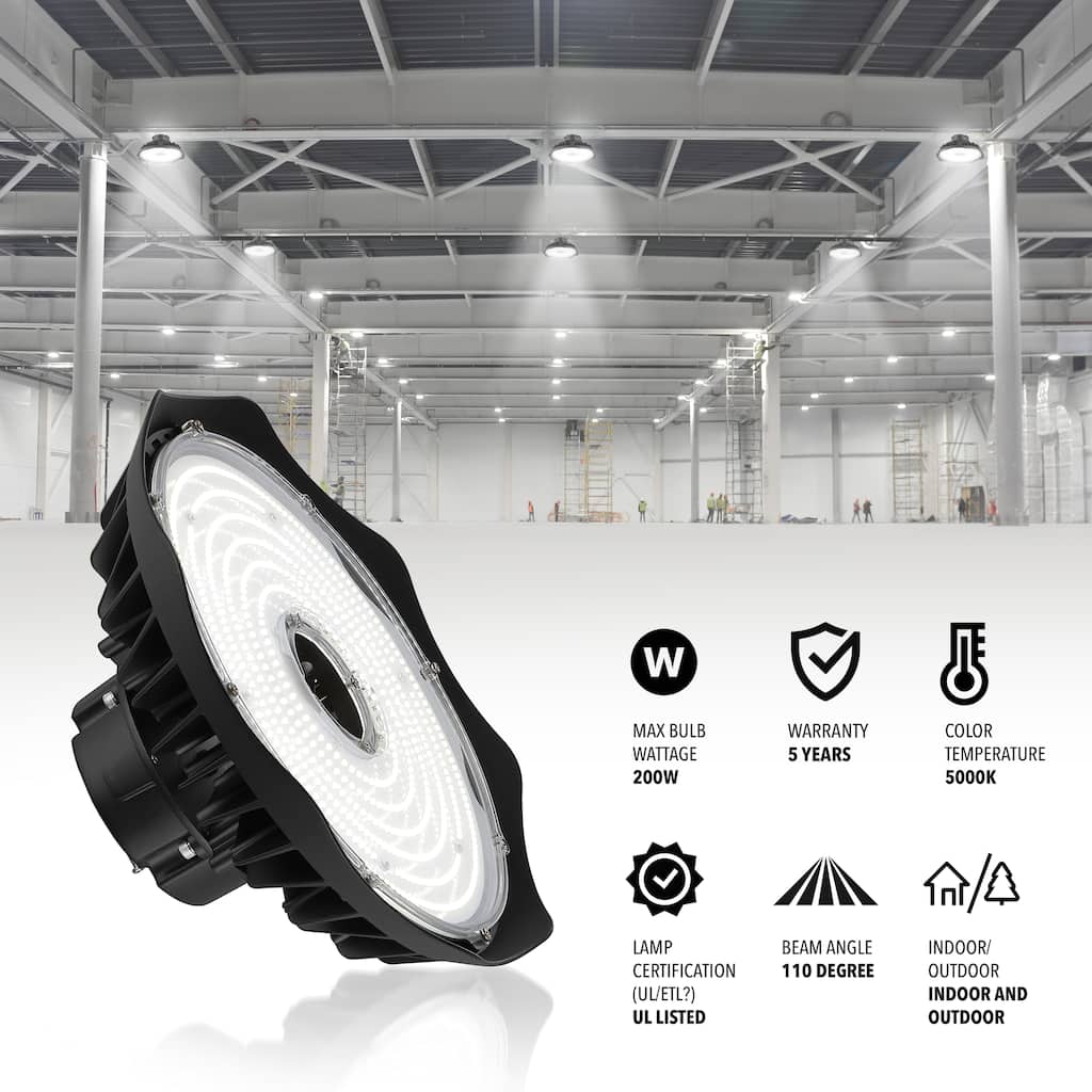 12 in. 200-Watt Integrated LED High Bay Indoor/Outdoor UFO Light with 26000 Lumens 5000K, Black by JONATHAN Y