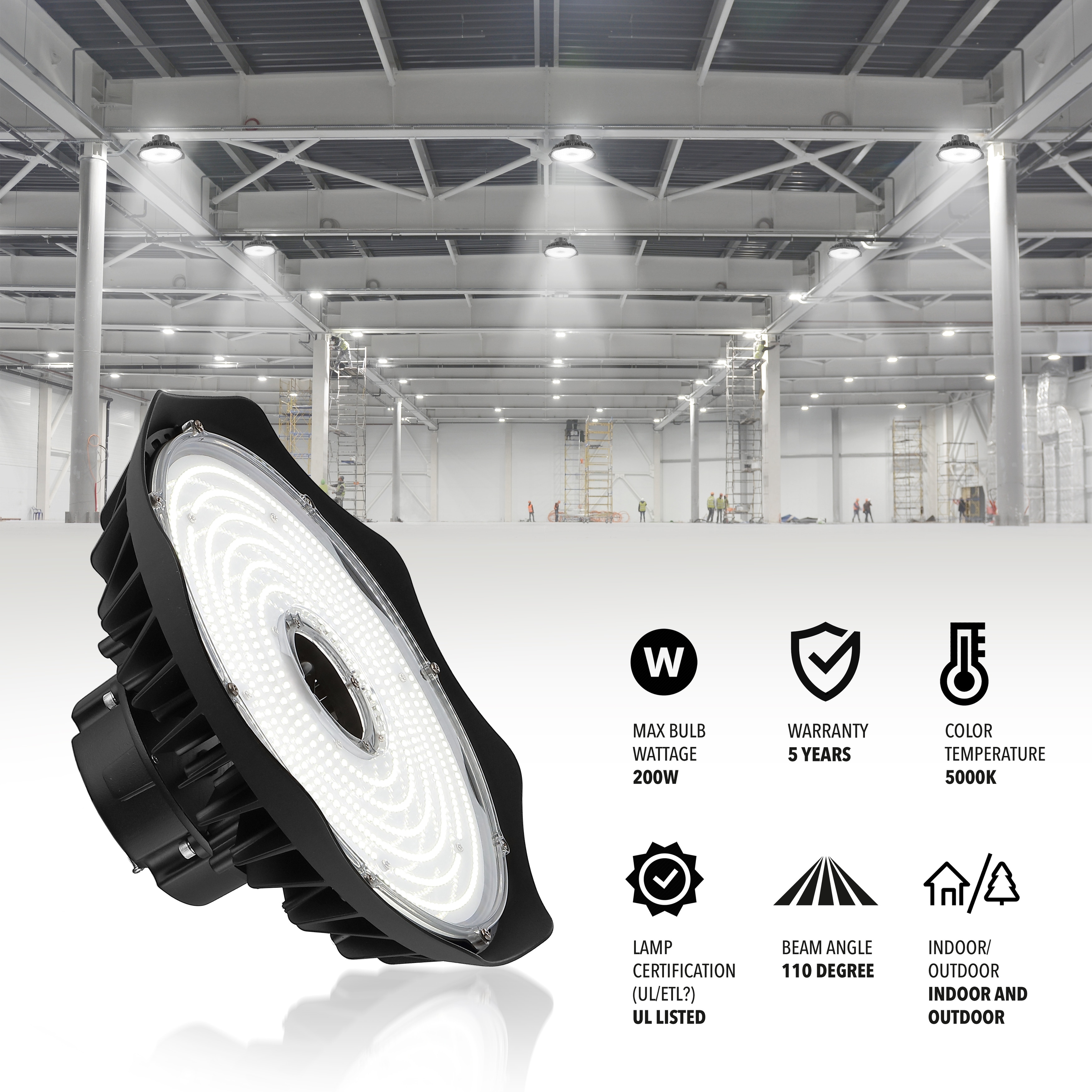 JONATHAN Y 12 in. 200-Watt Integrated LED High Bay Indoor/Outdoor UFO Light with 26000 Lumens 5000K, Black