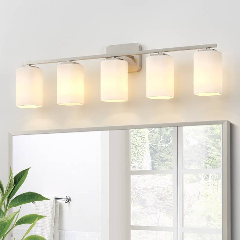 KAWOTI Modern & Contemporary Vanity Light with Frosted Glass Shade - 5-Light(W35.5") - Brushed Nickel