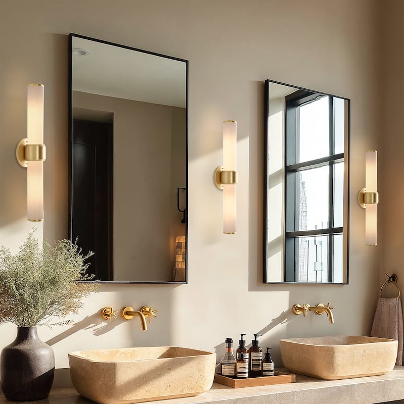 Modern Double Wall Sconce - Metal, Glass & Matte Black, Ivory White Sconces for Hallway or Accent Walls in Contemporary Style