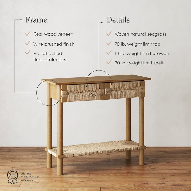 Beacon Wooden Sofa Console Table with Drawers, Bohemian Entryway Table, Hallway Table with Seagrass Shelf