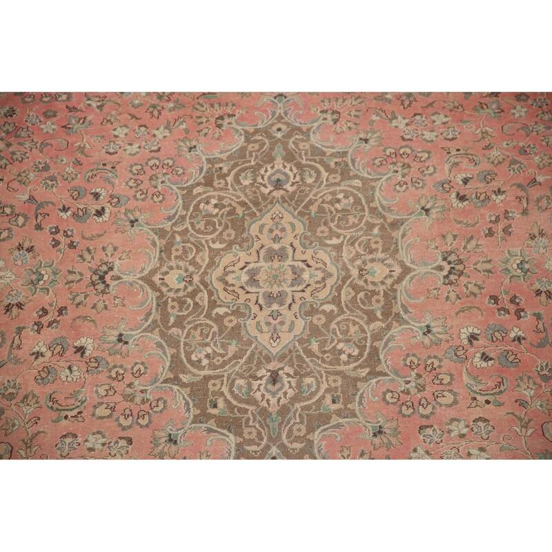 Hand Knotted Oriental 100% Wool Carpet Traditional Floral Pink Mashad Area Rug - 13' 0'' X 9' 7''